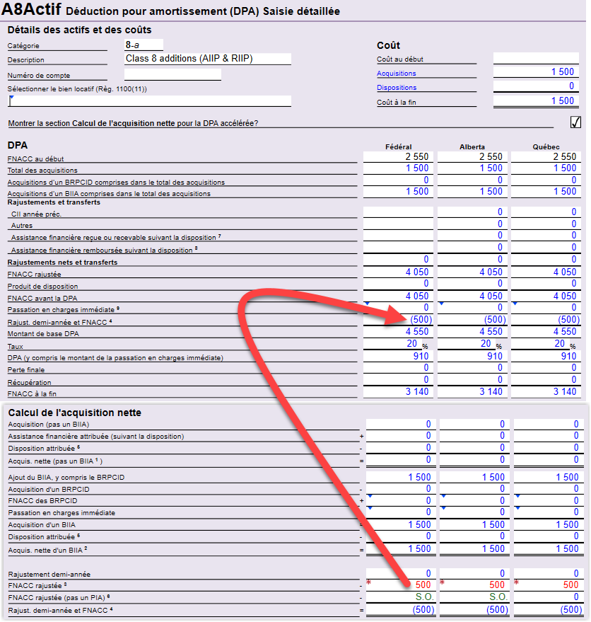 Capture d'écran : A8Actif dans TaxCycle T2