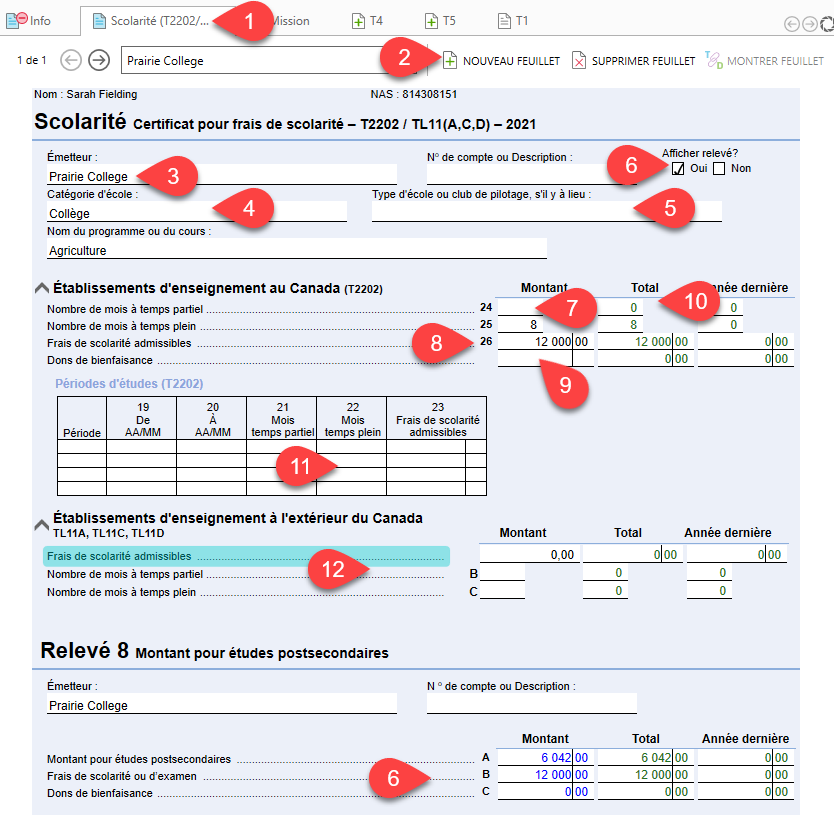 Capture d’écran : Feuillet de frais de scolarité (T2202)
