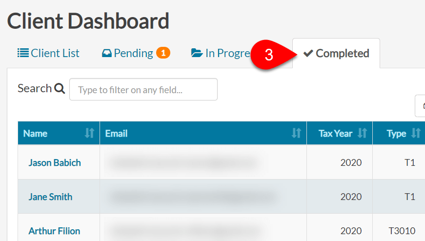 Screen Capture: Completed Tab in Dashboard