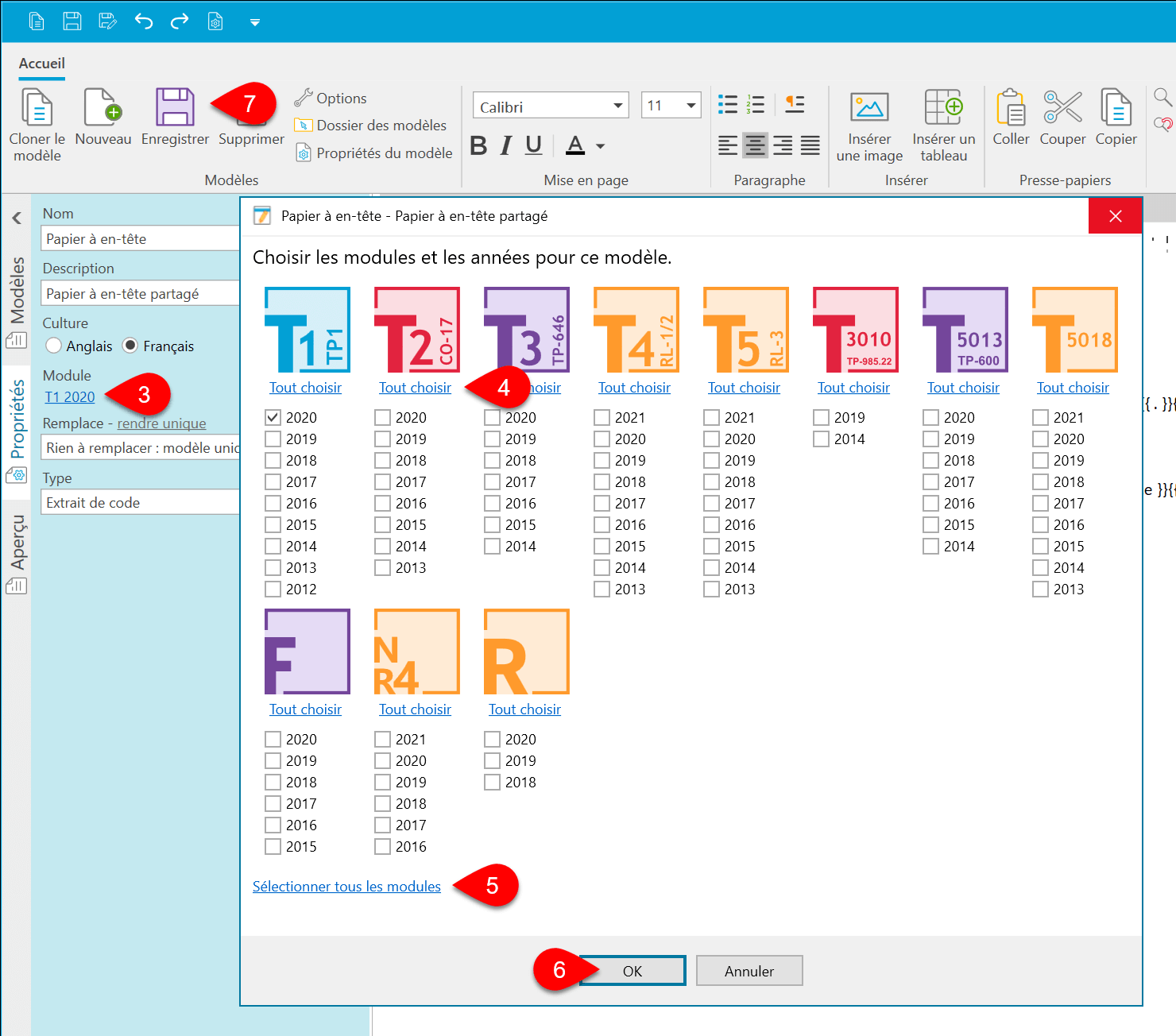 Capture d’écran : Choisir les modules et les années pour ce modèle