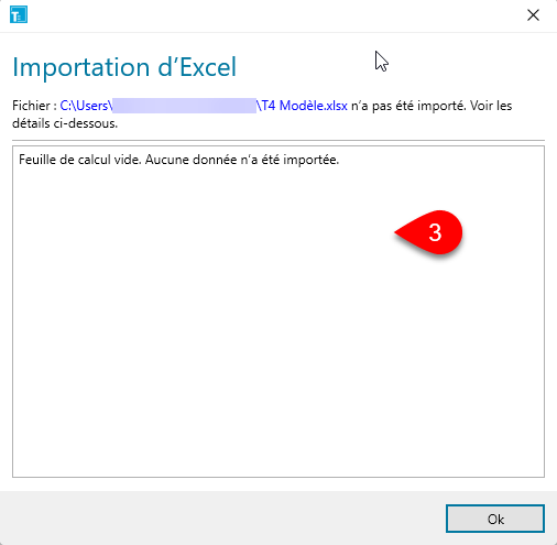 Capture d’écran : Erreur d’importation Excel