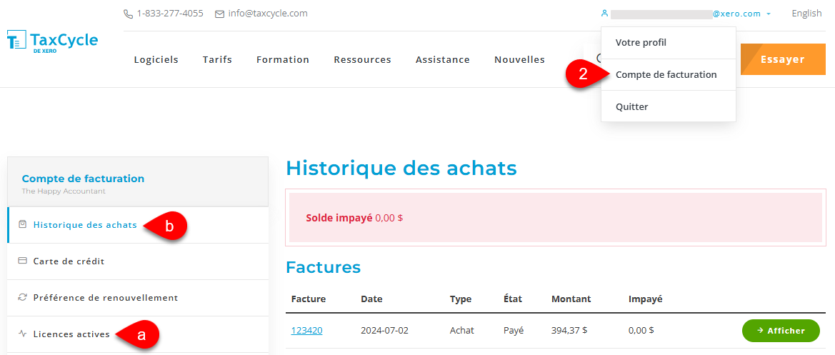 Capture d'écran : page Historique des achats