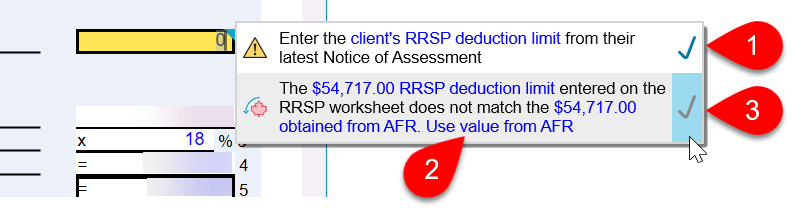 Screen Capture: RRSP deduction limit review messages