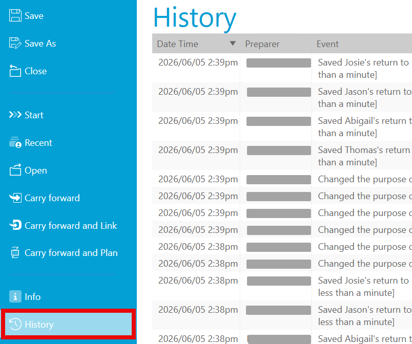 Screen Capture: File history page