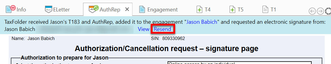 Screen Capture: Resend Signature Request from TaxCycle