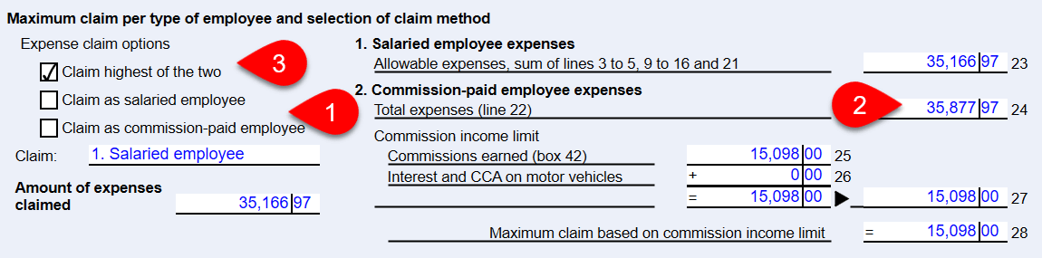 Screen Capture: Maximum Claim Per Type of Employee and Selection of Claim Method
