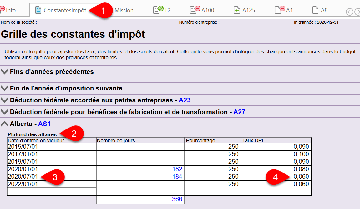 Capture d'écran : grille de calcul ConstantesImpôt