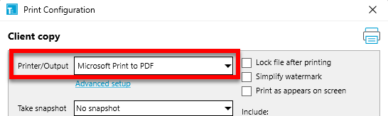 Screen  Capture: Select Microsoft Print to PDF in Printer/Output settings