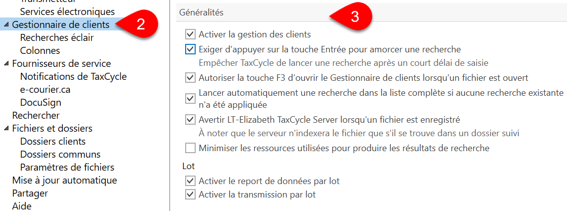 Capture d’écran : Options générales du Gestionnaire de clients