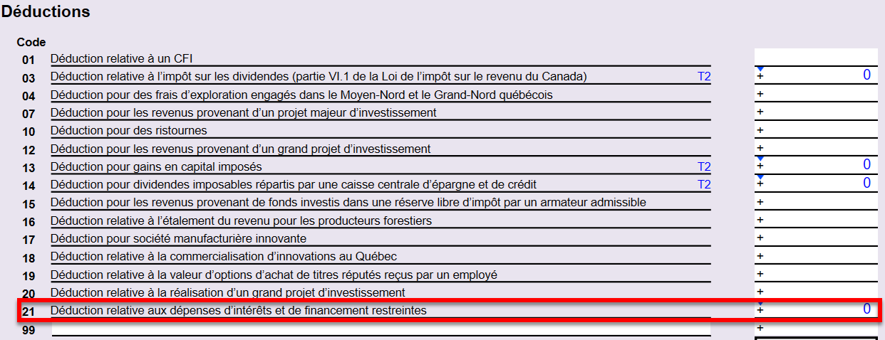 Capture d'écran : code 21 sur la grille CO17Déductions
