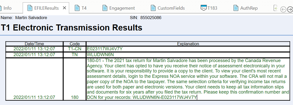 Screen Capture: T1 Electronic Transmission Results Worksheet