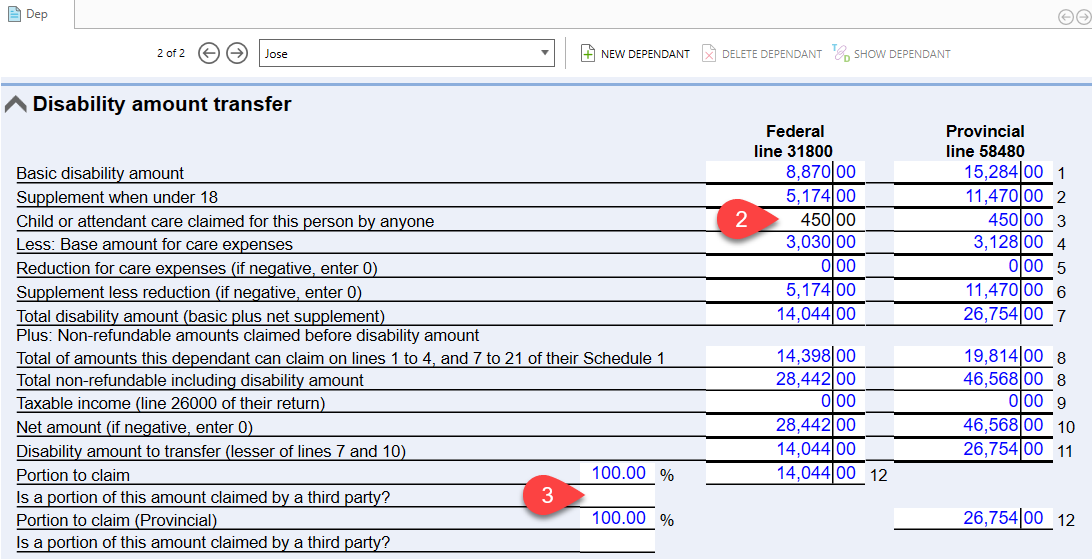 Screen Capture: Disability amount transfer on Dep worksheet