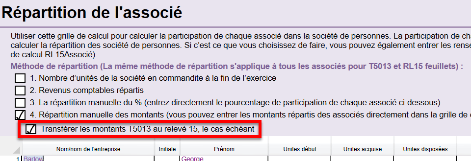 Capture d'écran : Transférer les montants T5013 au relevé 15