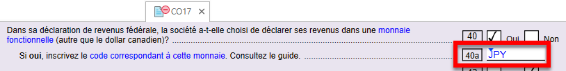 Capture d'écran : code de devise fonctionnelle à la ligne 40a de la CO-17