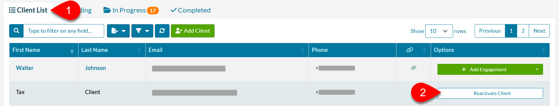 Screen Capture: Reactivate Client in TaxFolder