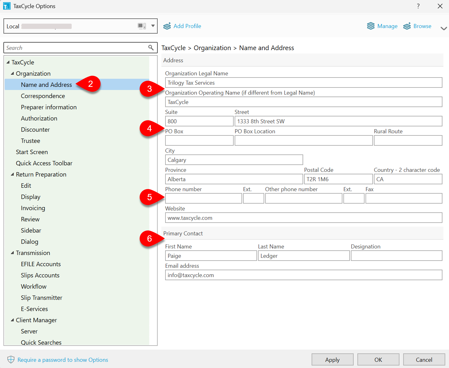 Screen Capture: Name and Address Options