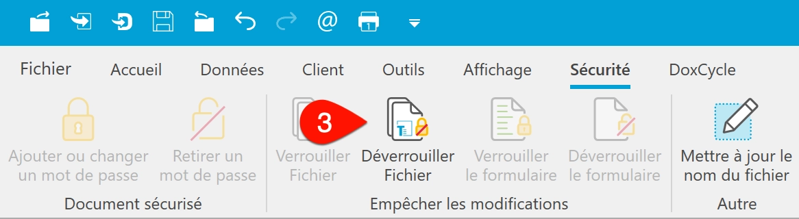Capture d'écran : Déverrouiller le fichier dans le menu Sécurité