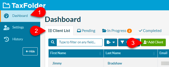 Screen Capture: TaxFolder Preparer Dashboard