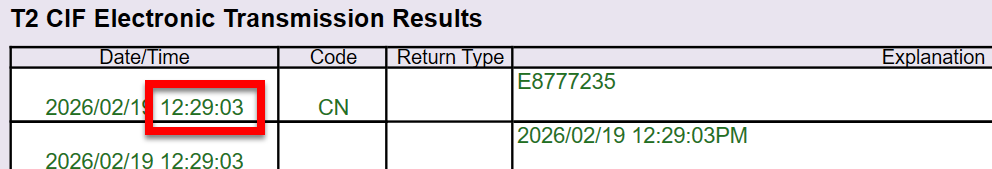 Screen Capture: T2 CIF Electronic Transmission Results