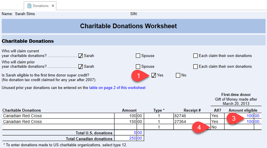 Screen Capture: First-time donor's super credit (FDSC) question on Donations worksheet