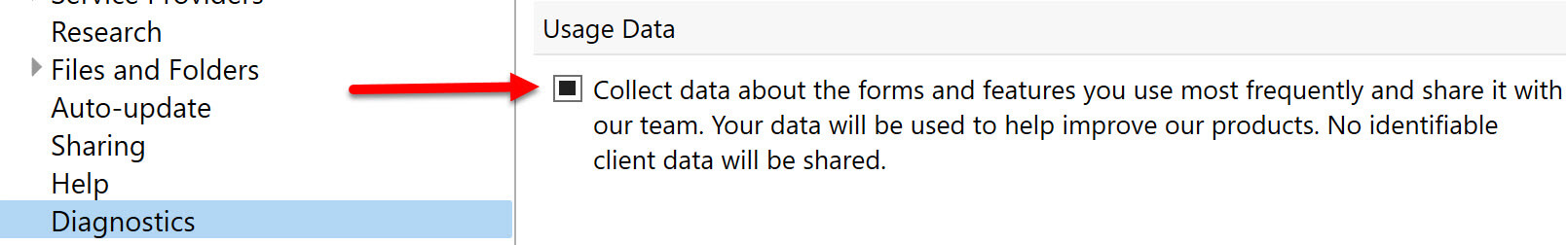 Screen Capture: Diagnostics usage data option
