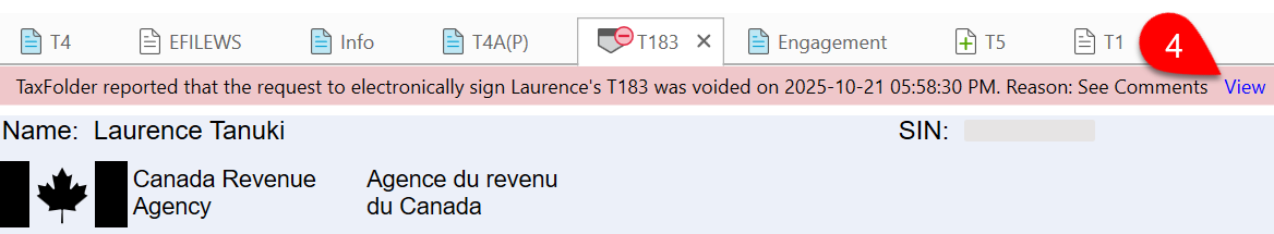 Screen Capture: Voided document banner in TaxCycle