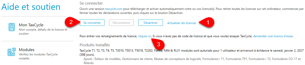 Capture d'écran : Actualiser les licences