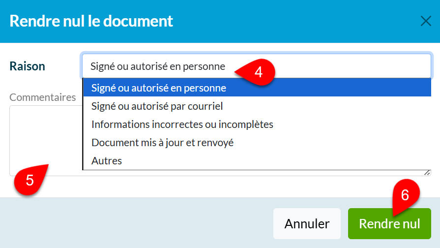 Capture d’écran : Annuler un document dans TaxFolder