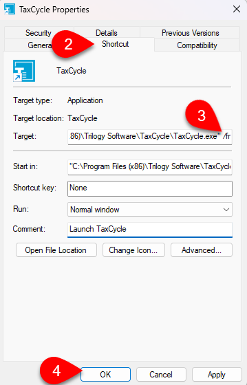 Screen Capture: Shortcut properties in Windows 11