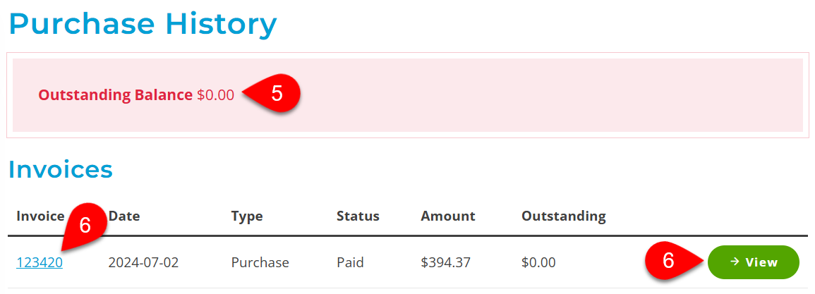 Screen Capture: Purchase History page