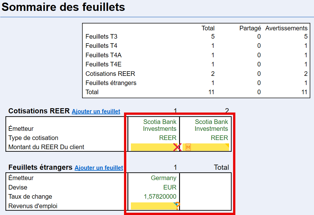 Capture d'ecran : Sommaire des feuillets