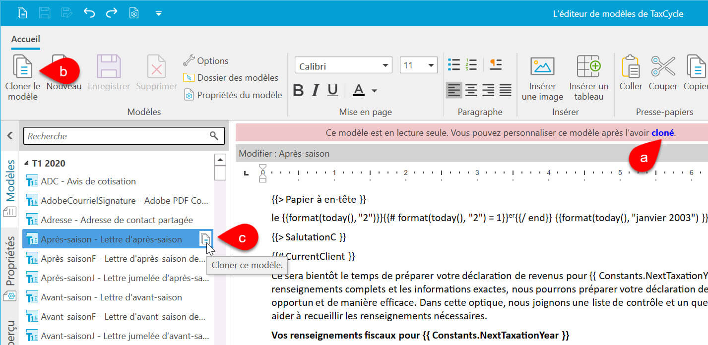 Capture d’écran : Boutons et liens pour cloner