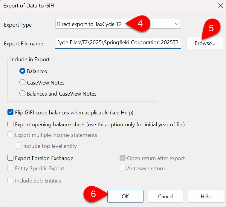 Screen Capture: Export GIFI data to TaxCycle T2