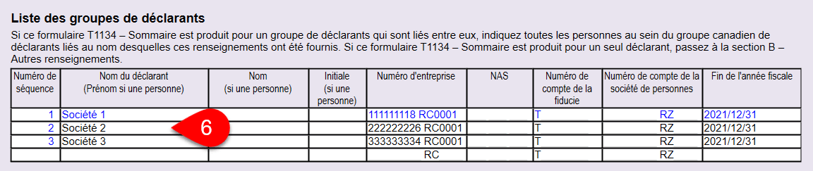 Capture d’écran : Liste des groupes d'entités déclarantes