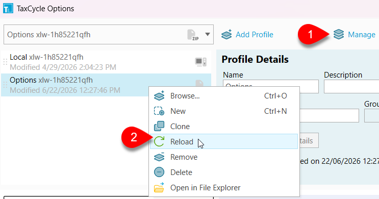 Screen Capture: Reload an options profile