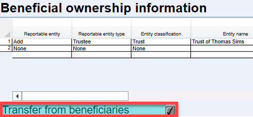 Screen Capture: Transfer from beneficiaries check box on the Beneficial ownership worksheet