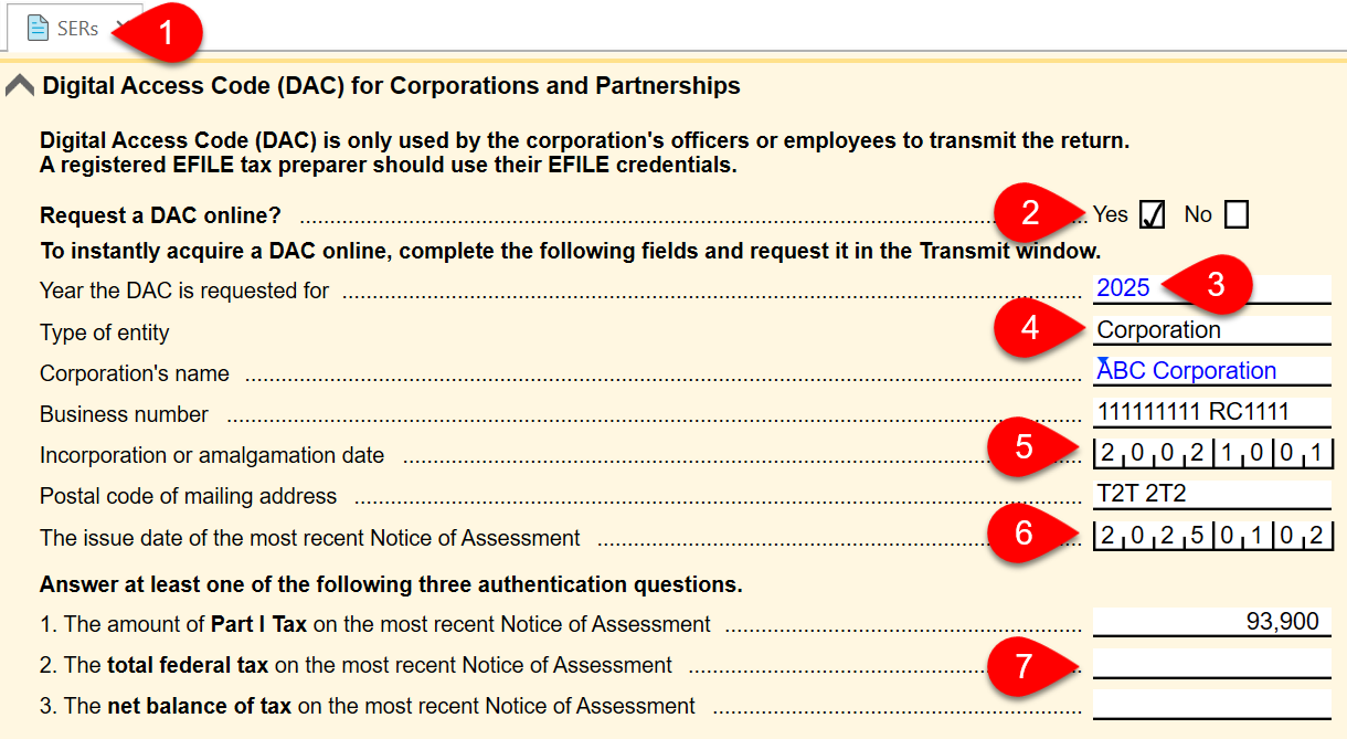 Screen Capture: Request a DAC from the SERs worksheet