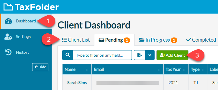 Add Client button in Client Dashboard