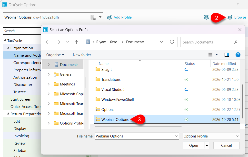 Screen Capture: Load options profile on new computer