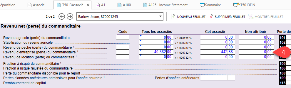 Capture d'écran : Revenu non attribué