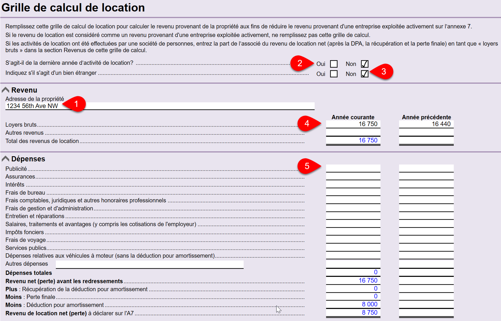 Capture d’écran :  grille de calcul de location