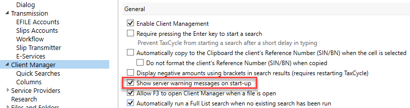 Screen Capture: Show server warning messages on start-up box in TaxCycle options