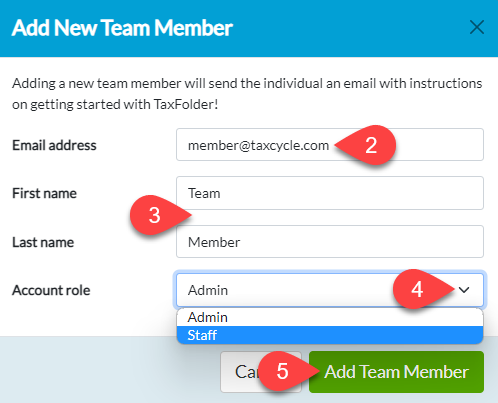 Screen Capture: Add New Team Member in TaxFolder