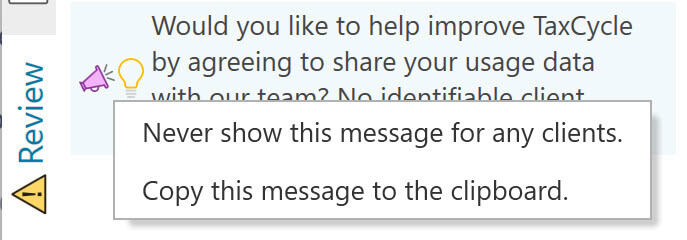 Screen Capture: Usage data consent message in sidebar