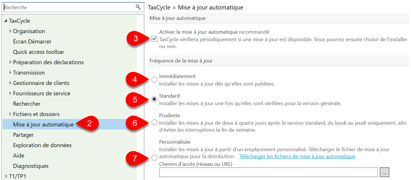 Capture d'ecran : Options de mises à jour automatiques