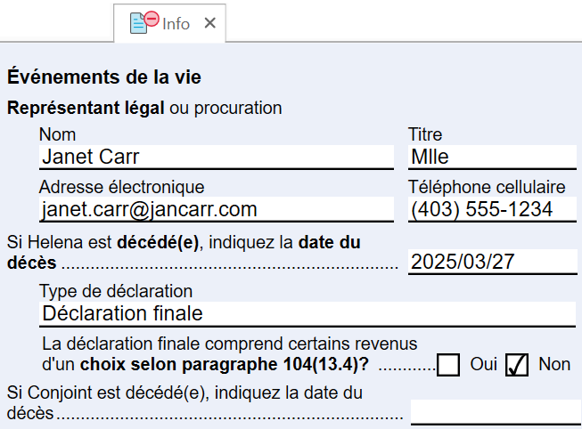 Screen Capture: Life events section on the Info worksheet