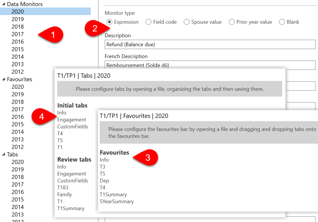 Screen Capture: Options for Data Monitors, Favourites and Tabs
