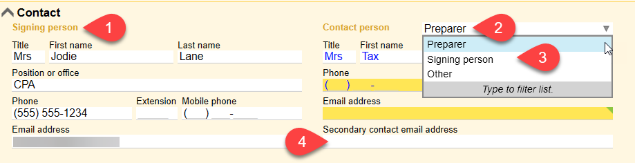 Screen Capture: Choose a contact person on the Info worksheet