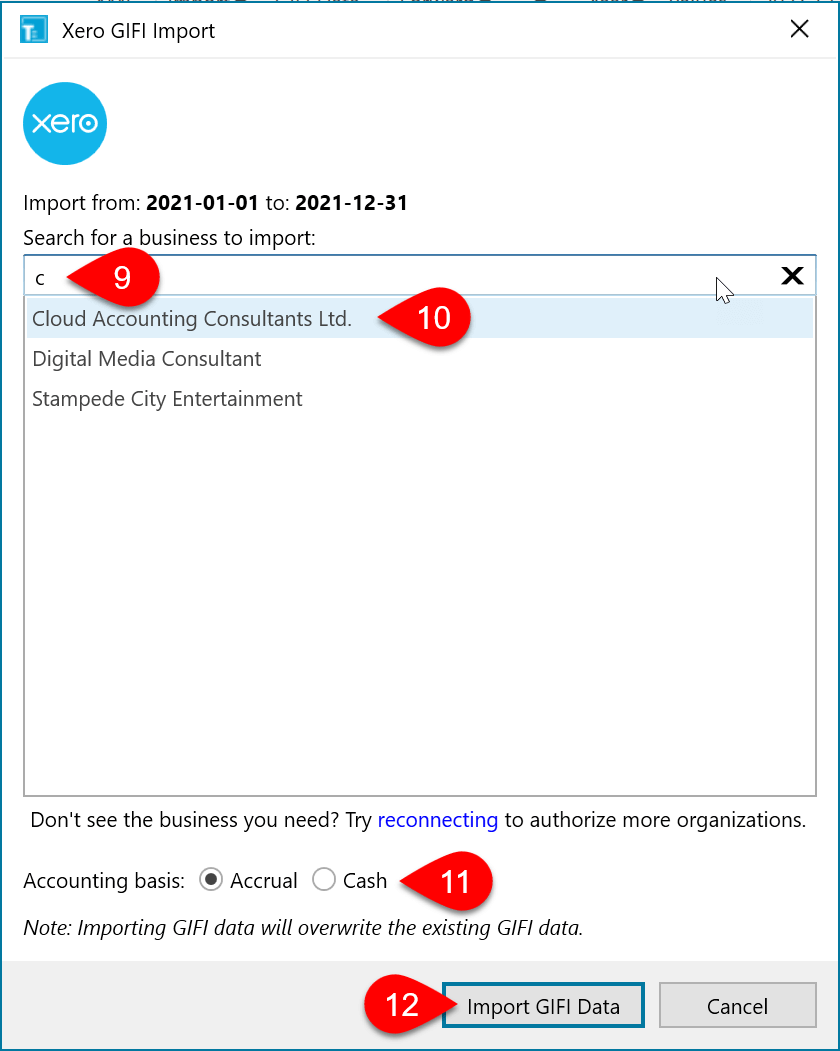 Screen Capture: Xero GIFI Import Dialog