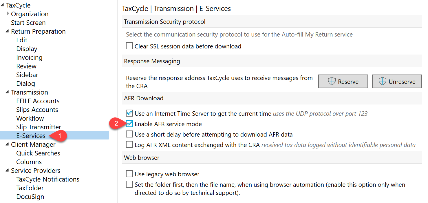 Screen Capture: Enable AFR service mode in TaxCycle Options